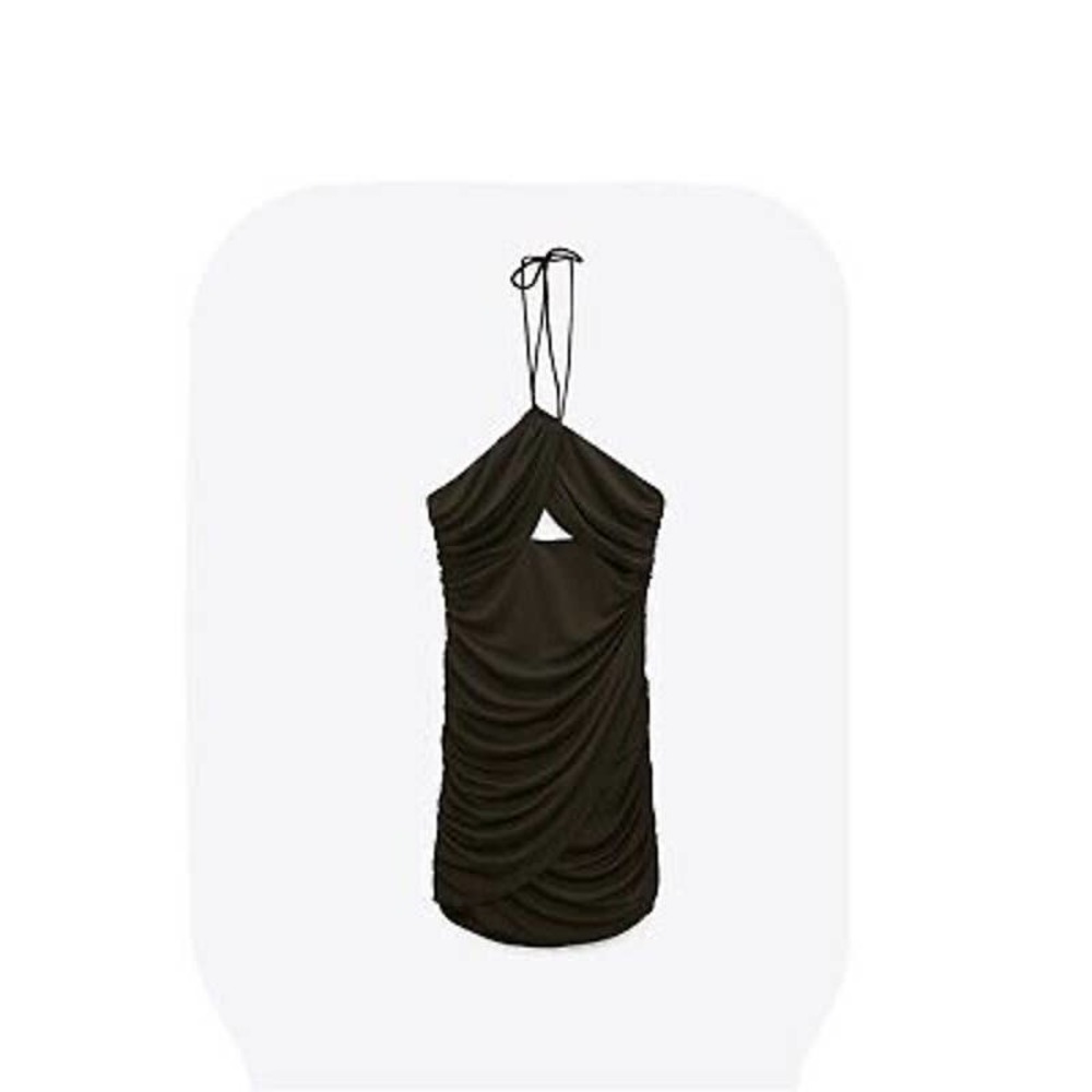 Zara Draped Cut Out Dress Bodycon Halter Neck Dark Khaki M NWT - Picture 2 of 5